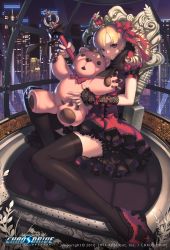 Rule 34 | 1girl, ankh, bad id, bad pixiv id, black thighhighs, blonde hair, blunt bangs, bow, bowtie, building, cage, chair, chaos drive, city, copyright name, cross-laced clothes, crown, detached sleeves, dress, drill hair, earrings, frilled dress, frills, from side, gem, glowing, gothic lolita, hair bow, heart, heart print, highres, holding, jewelry, keyboard (computer), lace, leaf, lights, logo, lolita fashion, long hair, looking at viewer, mini crown, morry, night, night sky, official art, parted bangs, platform footwear, princess elizabeth, puffy short sleeves, puffy sleeves, red dress, red eyes, shoes, short dress, short sleeves, sitting, sky, skyscraper, solo, stuffed animal, stuffed toy, teddy bear, thighhighs, throne, twin drills, wand, window, zettai ryouiki