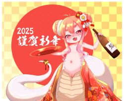 1girl 2025 alcohol bar_censor bell bottle censored chinese_zodiac clothes_down commentary_request cup double_bun fangs flat_chest flower hair_bun hair_censor hair_flower hair_ornament happy_new_year highres japanese_clothes kimono lamia loli looking_at_viewer miyasaka_takaji monster_girl navel new_year open_mouth original pink_hair pussy red_eyes sakazuki sake sake_bottle slit_pupils smile solo tail tail_bell tail_ornament year_of_the_snake