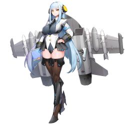 Rule 34 | 1girl, blue hair, boots, breasts, bumcha, drop tank, full body, game cg, headset, highres, hraesvelgr (last origin), impossible clothes, impossible leotard, large breasts, last origin, leotard, light blue hair, long hair, looking at viewer, missile, necktie, official art, sidelocks, solo, tablet pc, tachi-e, thighhighs, transparent background, very long hair, yellow eyes