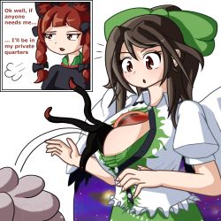 Rule 34 | animal ears, bad id, bad pixiv id, blouse, bow, braid, breasts, brown eyes, brown hair, buttons, cape, cat ears, cleavage, collared shirt, commentary, english commentary, english text, green bow, green skirt, hair bow, highres, jumping, kaenbyou rin, kaenbyou rin (cat), large breasts, long hair, multiple tails, nekomata, ponytail, puffy short sleeves, puffy sleeves, red hair, reiuji utsuho, rumielle, shirt, short sleeves, skirt, starry sky print, tail, third eye, touhou, twin braids, white cape, white shirt