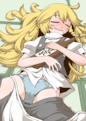 Rule 34 | 1girl, alcohol, apron, apron pull, blonde hair, blue panties, blush, blush stickers, body writing, braid, cameltoe, cleft of venus, closed eyes, clothes pull, cowboy shot, drooling, drum, drunk, grey vest, hugging object, instrument, kirisame marisa, long hair, lying, midriff peek, on back, open mouth, panties, partially undressed, patterned clothing, shirt, sleeping, solo, spread legs, tatami, touhou, unconscious, underwear, vest, white shirt, zannen na hito