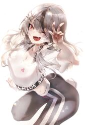Rule 34 | 1girl, absurdres, black hair, black pants, braid, breasts, character name, copyright name, crop top, crop top overhang, fang, grey hair, hair ornament, hairpin, highres, hololive, hololive dance practice uniform, large breasts, long hair, looking at viewer, multicolored hair, official alternate costume, one eye closed, open mouth, pants, pparus, red eyes, sakamata chloe, single braid, skin fang, streaked hair, v, virtual youtuber, white background, x hair ornament, yoga pants