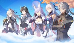 Rule 34 | 2girls, 3boys, ^ ^, animal ears, armband, armor, baiheng (honkai: star rail), bare shoulders, black gloves, black sleeves, blade (honkai: star rail), blue armband, blue sky, blue sleeves, breasts, chest sarashi, chinese commentary, closed eyes, closed mouth, cloud, colored inner hair, crossed arms, dan feng (honkai: star rail), dan heng (honkai: star rail), dan heng (imbibitor lunae) (honkai: star rail), detached sleeves, dragon boy, dragon horns, fox ears, fox girl, gloves, green eyes, green horns, hair between eyes, hair over one eye, high ponytail, honkai: star rail, honkai (series), horns, jing yuan, jingliu (honkai: star rail), medium breasts, mole, mole under eye, multicolored hair, multiple boys, multiple girls, official art, open hand, open mouth, parted bangs, red armband, red eyes, sarashi, shoulder armor, sky, smile, upper body, white hair, white sleeves, yellow eyes, yingxing (honkai: star rail)