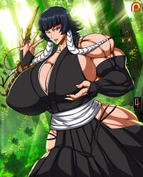 Rule 34 | 1girl, absurdres, bare shoulders, black kimono, bleach, breasts, cleavage, covered erect nipples, curvy, detached sleeves, female focus, highres, hip vent, huge breasts, japanese clothes, kimono, looking at viewer, muscular, muscular female, osmar-shotgun, short hair, sideboob, solo, sui-feng, weapon, wide hips