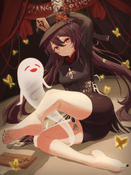 1girl, arm up, ass, barefoot, black headwear, black nails, black shirt, black shorts, breasts, brown hair, bug, butterfly, chinese clothes, commission, flower, genshin impact, ghost, grin, hat, hat flower, highres, hu tao, insect, long hair, long sleeves, looking at viewer, nail polish, nev (nevblindarts), plum blossoms, red eyes, shirt, short shorts, shorts, small breasts, smile, solo, star-shaped pupils, star (symbol), symbol-shaped pupils, tailcoat, thighs, toenail polish, twintails, very long hair