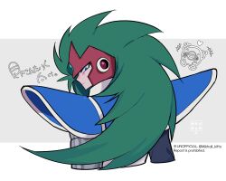 Rule 34 | 1boy, android, chibi, chibi inset, dark moon (mega man), green eyes, green hair, helmet, highres, long hair, looking at viewer, looking back, male focus, mega man (classic), mega man (series), mega man v, mikhail kitto, shoulder pads, simple background, solo focus, terra (mega man), translation request, upper body