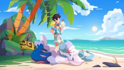 Rule 34 | 1boy, black hair, blue shirt, closed mouth, cloud, comfey, commentary, commission, creatures (company), cup, day, drinking, drinking straw, floral print, game freak, gen 7 pokemon, glass, grey shorts, hand in pocket, highres, holding, holding cup, k.z.r, male focus, moss, nintendo, outdoors, palm tree, pokemon, pokemon (creature), primarina, rock, sand, shirt, shore, short hair, short sleeves, shorts, sky, smile, standing, treasure chest, tree, water