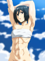Rule 34 | 1girl, abs, armpits, arms behind head, arms up, bandeau, black hair, blue eyes, blue sky, bottomless, cloud, day, enfuku, flat chest, highres, looking at viewer, mikasa ackerman, muscle, muscular, muscular female, navel, shingeki no kyojin, short hair, sky, solo, standing, strapless, tube top, underwear, underwear only