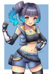 Rule 34 | 1girl, :d, black gloves, black thighhighs, blue background, blue hair, blue shorts, blue vest, blush, breasts, brown eyes, celischo, cleavage, clenched hand, collarbone, commentary, corrupted twitter file, denim, denim shorts, denim vest, elbow gloves, fingerless gloves, gloves, gradient hair, hand on own hip, hand up, highres, looking at viewer, multicolored hair, navel, open clothes, open mouth, open vest, purple hair, sena (xenoblade), short shorts, shorts, side ponytail, signature, skindentation, small breasts, smile, solo, teeth, thighhighs, two-tone background, upper teeth only, v-shaped eyebrows, vest, white background, xenoblade chronicles (series), xenoblade chronicles 3