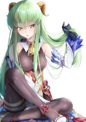 1girl absurdres adjusting_hair arm_at_side bare_shoulders bell blue_gloves bodystocking breasts budgiepon c.c. code_geass commentary_request cosplay crossed_legs curvy detached_sleeves flower_knot foot_out_of_frame ganyu_(genshin_impact) ganyu_(genshin_impact)_(cosplay) genshin_impact gloves goat_horns green_hair hair_between_eyes hand_in_own_hair hand_up highres holding holding_own_hair horns large_breasts legs long_hair long_sleeves looking_at_viewer neck_bell parted_lips sidelighting sidelocks simple_background sitting solo straight_hair thighs tsurime very_long_hair white_background wide_sleeves yellow_eyes