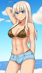 Rule 34 | 1girl, abs, animal print, arm up, bikini, blonde hair, blue eyes, blush, breasts, groin, hachimitsu-b, hanna-justina marseille, large breasts, leopard print, navel, short shorts, shorts, solo, strike witches, swimsuit, toned, world witches series