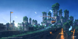 Rule 34 | alley, blue sky, building, city, cityscape, commentary request, dark, fantasy, fish, flying train, highres, lamppost, lantern, lens flare, light particles, night, no humans, original, outdoors, overgrown, pochi (poti1990), post-apocalypse, ruins, scenery, sky, skyscraper, sun, train, tree