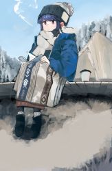 Rule 34 | 1girl, absurdres, blanket, blue hair, blue sky, book, camping, closed mouth, commentary request, forest, full body, highres, light blush, long hair, long sleeves, looking afar, maegami (daisuki oekaki1), mountain, nature, plaid blanket, purple eyes, reading, shima rin, sitting, sky, socks, solo, tent, woollen cap, yurucamp