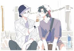 Rule 34 | 2boys, backwards hat, bag, ball, baseball cap, basketball, basketball (object), black hair, black headwear, black pants, bottle, bucket hat, chain, cheng xiaoshi, closed mouth, commentary request, eating, food, grey eyes, hat, highres, holding, holding ball, holding food, ice cream, ice cream cone, licking, lu guang, male focus, mr yheu, multiple boys, open clothes, open mouth, open shirt, pants, purple shirt, shiguang dailiren, shirt, short hair, short sleeves, shorts, simple background, sitting, tongue, tongue out, water bottle, white background, white hair, white headwear, white shirt