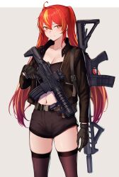 Rule 34 | 1girl, 3 small spiders, assault rifle, belt, black gloves, black shorts, black thighhighs, breasts, brown jacket, character request, closed mouth, collarbone, copyright request, feet out of frame, girls&#039; frontline, gloves, gun, highres, holding, holding gun, holding weapon, jacket, long hair, long sleeves, looking at viewer, medium breasts, multicolored hair, navel, open clothes, open jacket, original, red eyes, red hair, rifle, shorts, simple background, smile, solo, standing, star-shaped pupils, star (symbol), streaked hair, symbol-shaped pupils, thighhighs, twintails, weapon, weapon request