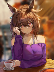 Rule 34 | 1girl, absurdres, agnes tachyon (umamusume), ahoge, animal ears, arm rest, bare shoulders, birdbaby, blurry, blurry background, blush, breasts, brown hair, closed mouth, coffee, coffee cup, commentary request, cup, disposable cup, earrings, hair between eyes, highres, horse ears, horse girl, jewelry, looking at viewer, medium breasts, necklace, official alternate costume, purple sweater, red eyes, short hair, single earring, smile, solo, sweater, table, umamusume, upper body