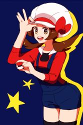 Rule 34 | 1girl, arched back, black thighhighs, blue background, blue overalls, bow, breasts, brown hair, cabbie hat, commentary request, cowboy shot, creatures (company), enamo (dcah), game freak, hands up, happy, hat, hat bow, holding, holding poke ball, looking at viewer, lyra (pokemon), nintendo, open mouth, overall shorts, overalls, poke ball, poke ball (basic), pokemon, pokemon hgss, red bow, red shirt, shirt, simple background, smile, solo, standing, thighhighs, white hat