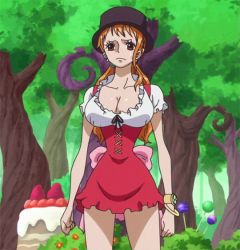 Rule 34 | 1girl, animated, animated gif, bare legs, breasts, brown eyes, cleavage, crossed arms, dress, female focus, forest, hat, large breasts, long hair, looking to the side, low twintails, nami (one piece), nami (one piece) (whole cake island), nature, one piece, orange hair, shiny skin, short dress, simple background, solo, sweatdrop, twintails
