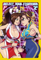 Rule 34 | 2girls, baiken, bracelet, breasts, brown eyes, brown hair, capcom, chun-li, cleavage, closed mouth, collarbone, double bun, fatal fury, giovanna (guilty gear), grin, hair bun, hair ribbon, hand fan, hand on own hip, holding, holding fan, jewelry, king (tekken), large breasts, lips, long hair, looking at another, mike luckas, morrigan aensland, multiple girls, parted lips, ponytail, ribbon, shiranui mai, short hair, sleeveless, smile, spiked bracelet, spikes, street fighter, teeth, tekken, vampire (game), yellow ribbon