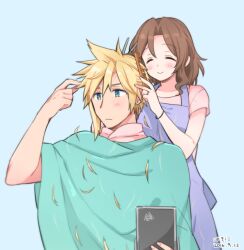 Rule 34 | 1boy, 1girl, aerith gainsborough, alternate costume, apron, artist name, blonde hair, blue apron, blue background, blue eyes, blush, bracelet, brown hair, closed eyes, cloud strife, cutting hair, dated, final fantasy, final fantasy vii, hair between eyes, hand in another&#039;s hair, hand in own hair, jewelry, krudears, pink shirt, ring, shirt, short hair, short sleeves, smile, spiked hair, upper body