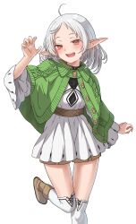 Rule 34 | 1girl, absurdres, ahoge, brown footwear, brown shorts, cable knit, capelet, dress, elf, foot up, green capelet, hand up, highres, looking at viewer, mushoku tensei, open mouth, pointy ears, red eyes, shorts, shorts under skirt, simple background, solo, standing, standing on one leg, syagare, sylphiette (mushoku tensei), thighhighs, white background, white dress, white hair, white thighhighs