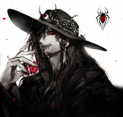 Rule 34 | 1boy, beard, black hair, black hat, braid, collared shirt, colored sclera, colored skin, cup, extra eyes, facial hair, fang, fang out, fingernails, goatee, hand up, hat, highres, holding, holding cup, long hair, looking at viewer, male focus, original, pigeon666, red eyes, red sclera, shirt, smile, solo, stalker (pigeon666), white background, white skin, wing collar
