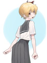 Rule 34 | 1girl, black sailor collar, black skirt, blonde hair, blouse, bow, frogsnake, from behind, hair bow, looking at viewer, looking back, nail polish, open mouth, pleated skirt, red bow, red eyes, red nails, rumia, sailor collar, school uniform, serafuku, sharp teeth, shirt, short hair, short sleeves, simple background, skirt, solo, teeth, touhou, white shirt