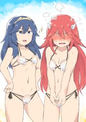 Rule 34 | 2girls, bikini, blue eyes, blue hair, blush, breasts, cordelia (fire emblem), embarrassed, fire emblem, fire emblem awakening, full-face blush, hair ornament, highres, long hair, lucina (fire emblem), multiple girls, navel, nintendo, open mouth, red eyes, red hair, seashell, sekaihebi, shell, shell bikini, small breasts, smile, standing, swimsuit, tiara, very long hair