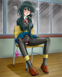 Rule 34 | 1girl, arms behind back, bdsm, black hair, black jacket, black pantyhose, blue skirt, blush, bondage, bound, breast pocket, breasts, breath, brown footwear, buttons, chair, clock eyes, clothes lift, collared shirt, date a live, egg vibrator, female focus, full body, hair tie, half-closed eyes, heterochromia, highres, indoors, jacket, long hair, long sleeves, medium breasts, miniskirt, neck ribbon, nose blush, on chair, open mouth, pantyhose, pleated skirt, pocket, pussy juice, rain, red eyes, red ribbon, remote control vibrator, ribbon, school chair, school uniform, sex toy, shiny clothes, shirt, shoes, sidelocks, sitting, skirt, skirt lift, solo, sweat, symbol-shaped pupils, tape, tied to chair, tokisaki kurumi, verdun (berudan), vibrator, wet, wet clothes, white shirt, window, wooden floor, yellow eyes