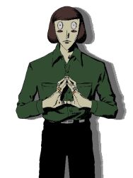 Rule 34 | 1boy, black pants, blank stare, blush stickers, bob cut, breast pocket, brown hair, collared shirt, commentary, constricted pupils, cowboy shot, dress shirt, drop shadow, expressionless, frown, green shirt, hands up, highres, jaggy lines, jewelry, long sleeves, looking at viewer, luther von ivory, male focus, multiple rings, own hands together, pants, pocket, randal&#039;s friends, ring, shirt, short hair, simple background, solo, standing, steepled fingers, straight-on, takushi (taxi739), white background, wide-eyed