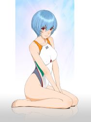 Rule 34 | 1girl, adapted costume, arms between legs, ayanami rei, barefoot, blue hair, breasts, commentary, competition swimsuit, covered erect nipples, english commentary, engrish commentary, looking at viewer, medium breasts, neon genesis evangelion, one-piece swimsuit, plugsuit, red eyes, reflection, short hair, sitting, smile, solo, swimsuit, v arms, wariza, watanabe yasuaki