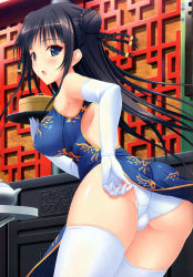 Rule 34 | 1girl, absurdres, adjusting clothes, adjusting panties, ass, back cutout, bamboo steamer, bare shoulders, black hair, blue eyes, braid, breasts, china dress, chinese clothes, clothing cutout, covered erect nipples, curry, dengeki moeou, dim sum, double bun, dress, elbow gloves, food, gloves, hair bun, highres, large breasts, long hair, looking back, no bra, open mouth, panties, scan, shibayuki, side slit, solo, teapot, thighhighs, underwear, white gloves, white panties, white thighhighs