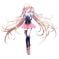 Rule 34 | 1girl, blonde hair, boots, braid, closed eyes, full body, highres, ia (vocaloid), long hair, shoudoubutsu, simple background, single thighhigh, skirt, smile, solo, thigh strap, thighhighs, transparent background, twin braids, very long hair, vocaloid