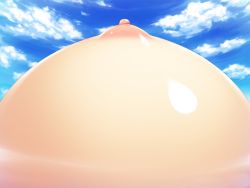 Rule 34 | 1girl, artist request, blue sky, breast focus, breasts, character request, cloud, cloudy sky, day, game cg, head out of frame, nipples, outdoors, puffy nipples, shiny skin, sky, solo, zettai saikyou oppai sensou!!