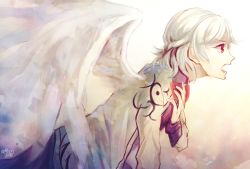 Rule 34 | 1girl, angel wings, beige jacket, bow, bowtie, braid, commentary request, dress, feathered wings, french braid, from side, hand on own chest, kaede (mmkeyy), kishin sagume, kneeling, long sleeves, looking to the side, open mouth, painting (medium), purple dress, red bow, red bowtie, red eyes, short hair, silver hair, single wing, solo, touhou, traditional media, wings