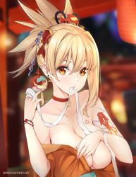 Rule 34 | 1girl, arm tattoo, asymmetrical hair, bandages, bare shoulders, blonde hair, blurry, blurry background, bracelet, breasts, chest tattoo, choker, cleavage, collarbone, depth of field, ear piercing, fish hair ornament, flower, genshin impact, gs (onsen syndicate), hair flower, hair ornament, highres, japanese clothes, jewelry, kimono, kimono pull, large breasts, looking at viewer, mouth hold, nail polish, no bra, orange eyes, piercing, pink nails, red choker, short ponytail, solo, tattoo, upper body, yoimiya (genshin impact)