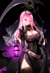 Rule 34 | 1girl, absurdres, breasts, cleavage, highres, holding, holding scythe, hololive, hololive english, lantern, large breasts, long hair, mori calliope, pink eyes, pink hair, raptor7, scythe, shoulder spikes, solo, spikes, tiara, virtual youtuber
