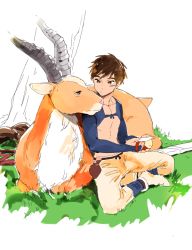 Rule 34 | 1boy, animal, antlers, apple, ashitaka, bare pectorals, brown eyes, brown hair, closed mouth, elk, food, fruit, horns, looking at another, male focus, matching hair/eyes, mononoke hime, outdoors, pants, partially colored, pectorals, scar, simple background, sitting, solo, studio ghibli, tmku, topless male, tsurime, yakul