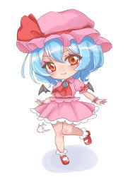 Rule 34 | &gt;:), 0002koko, 1girl, absurdres, arms at sides, ascot, bat wings, blue gemstone, blue hair, blush, bow, chibi, closed mouth, collared shirt, commentary request, eyelashes, fang, full body, gem, hair between eyes, hat, hat bow, highres, knees together feet apart, looking at viewer, mary janes, mob cap, pink hat, pink shirt, pink skirt, pink wrist cuffs, puffy short sleeves, puffy sleeves, red ascot, red bow, red eyes, red footwear, remilia scarlet, shirt, shoes, short hair, short sleeves, signature, simple background, skirt, sleeve bow, smile, solo, standing, standing on one leg, touhou, v-shaped eyebrows, white background, wings, wrist cuffs