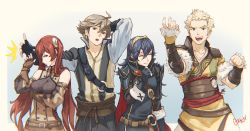 Rule 34 | 2boys, 2girls, ahoge, arm behind head, bare shoulders, blonde hair, blue hair, brown eyes, brown hair, closed eyes, fire emblem, fire emblem awakening, fire emblem fates, hand on own chin, hand up, highres, inigo (fire emblem), long hair, looking down, lucina (fire emblem), md5 mismatch, multiple boys, multiple girls, nintendo, odin (fire emblem), open mouth, owain (fire emblem), ozkh, red eyes, red hair, selena (fire emblem fates), severa (fire emblem), simple background, slapping, smirk, twintails, white background, yawning