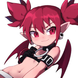 Rule 34 | 1girl, choker, demon girl, demon wings, disgaea, earrings, etna (disgaea), flat chest, jewelry, looking at viewer, navel, o-ring, o-ring choker, pointy ears, red eyes, red hair, short twintails, simple background, skull earrings, smile, solo, twintails, upper body, white background, wings, wuju (1198979953)