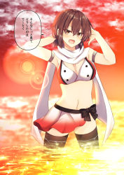 Rule 34 | 1girl, adapted costume, alternate hairstyle, bikini, bikini skirt, black thighhighs, breasts, brown eyes, brown hair, highres, izumo ayuka, kantai collection, low twintails, medium breasts, navel, scarf, sendai (kancolle), solo, speech bubble, standing, swimsuit, thighhighs, translation request, twintails, wading, white scarf
