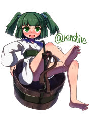 Rule 34 | 1girl, absurdres, barefoot, blush, bucket, commentary, full body, green eyes, green hair, hair bobbles, hair ornament, highres, japanese clothes, kimono, kisume, long sleeves, looking at viewer, one-hour drawing challenge, open mouth, renshirenji, sash, sitting, solo, sweat, touhou, twitter username, two side up, white kimono