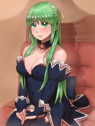 Rule 34 | 1girl, angel mort, bare shoulders, blue thighhighs, bow, breasts, bridal gauntlets, cleavage, couch, covered erect nipples, covered navel, detached collar, dress, garter straps, green eyes, green hair, hair ribbon, half updo, higurashi no naku koro ni, indoors, lace, lace-trimmed dress, lace trim, large breasts, long hair, looking at viewer, matching hair/eyes, one side up, own hands together, parted lips, ponytail, ribbon, shadow, short dress, sidelocks, sitting, smile, solo, sonozaki shion, thighhighs, waitress, zenkou, zettai ryouiki