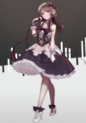 Rule 34 | 1girl, absurdres, black background, blue eyes, bow, brown hair, chinese commentary, collarbone, full body, gloves, hair bow, headset, high heels, highres, idol, long hair, looking at viewer, original, pantyhose, solo, standing, two-tone background, white background, white footwear, white gloves, white pantyhose, zhongwu chahui