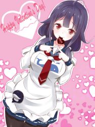 Rule 34 | 10s, 1girl, apron, bad id, bad pixiv id, black pantyhose, candy, chocolate, chocolate heart, fingers together, food, heart, index fingers together, kantai collection, looking at viewer, mouth hold, pantyhose, pink background, pleated skirt, purple hair, red eyes, school uniform, serafuku, shirt, skirt, solo, taigei (kancolle), takehana note, valentine