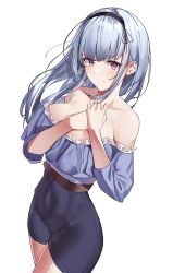 Rule 34 | 1girl, alternate costume, azur lane, bare shoulders, belt, black hairband, blue hair, blue shirt, breasts, brown belt, cleavage, covered navel, dido (azur lane), frilled shirt, frills, hairband, large breasts, long hair, maanu, off-shoulder shirt, off shoulder, pink eyes, shirt, simple background, solo, white background