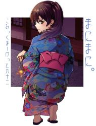 Rule 34 | 10s, 1girl, alternate costume, alternate hair length, alternate hairstyle, ayasugi tsubaki, brown eyes, brown hair, circle name, commentary request, fireworks, from behind, japanese clothes, kaga (kancolle), kantai collection, kimono, looking at viewer, looking back, obi, sash, side ponytail, smile, solo, sparkler, squatting, translated, yukata