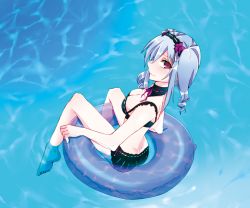 Rule 34 | 10s, 1girl, afloat, ass, bikini, blush, breasts, butt crack, cleavage, dimples of venus, drill hair, hairband, idolmaster, idolmaster cinderella girls, innertube, kanzaki ranko, long hair, looking back, pool, red eyes, silver hair, sitting, smile, solo, swim ring, swimsuit, twin drills, twintails, wading, water, yakou (innocent chapel)