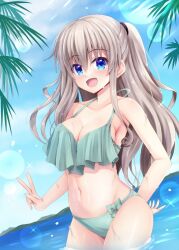 Rule 34 | 1girl, :d, alternate costume, aqua bikini, bare arms, bare shoulders, bikini, blue eyes, blue sky, blush, bow, bow bikini, charlotte (anime), collarbone, colored eyelashes, commentary request, cowboy shot, day, eyelashes, eyes visible through hair, grey hair, hair between eyes, half updo, halterneck, hand on own hip, happy, highres, lens flare, long hair, looking at viewer, minatoto, navel, open mouth, outdoors, palm leaf, shiny skin, short ponytail, sidelocks, sky, smile, solo, sparkle, standing, stomach, swimsuit, tomori nao, v, very long hair, wading, water, wavy hair, wet